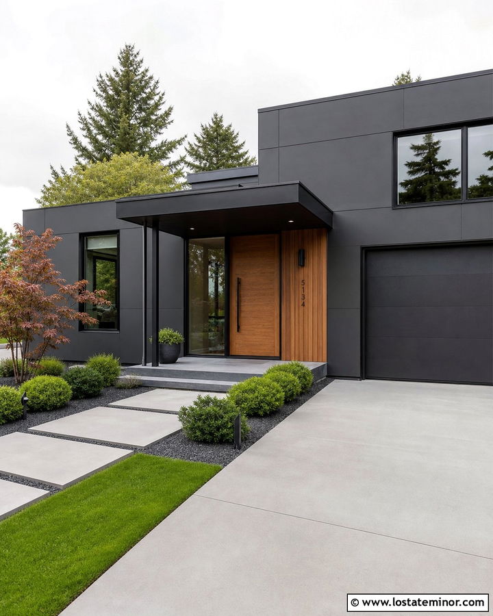Charcoal Grey Modern House With Flat Portico - 30 Charcoal Grey House Design With Portico Ideas