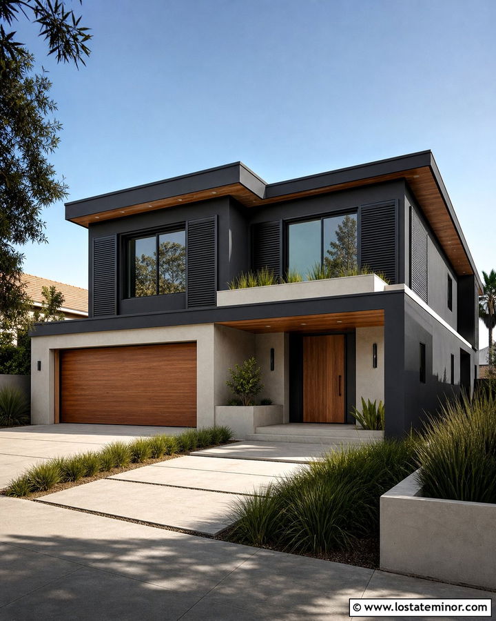 Charcoal Grey Modern House With Panel Shutters - 30 Charcoal Grey House Design With Shutters Ideas