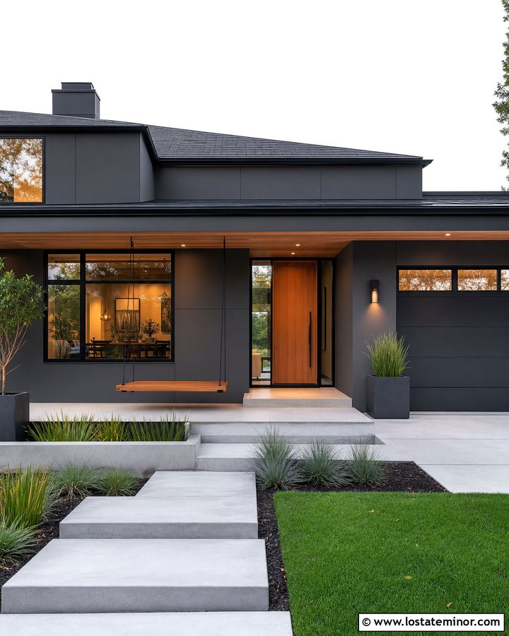 Charcoal Grey Modern House With Platform Swing - 30 Charcoal Grey House Design With Swing Ideas