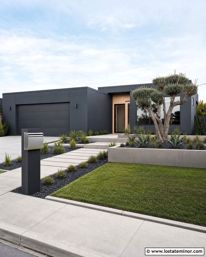 Charcoal Grey Modern House With Stainless Steel Mailbox - 30 Charcoal Grey House Design With Mailbox Ideas