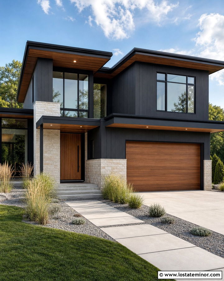Charcoal Grey Modern House With Stone Wainscoting - 30 Charcoal Grey House Design With Wainscoting Ideas