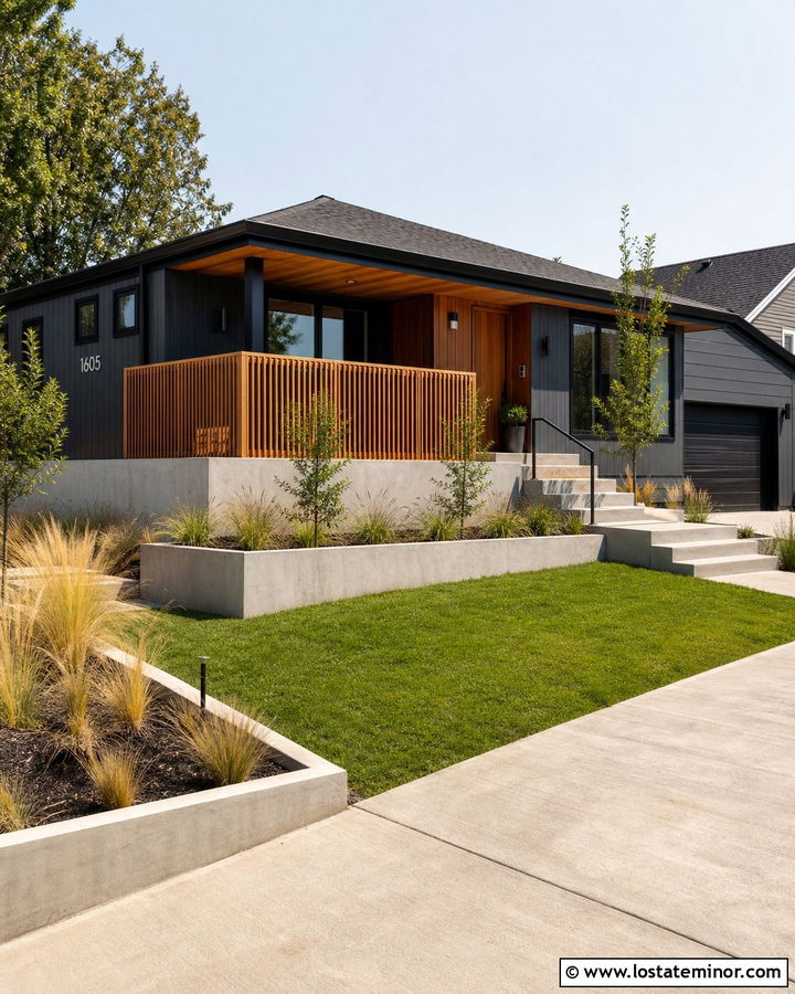 Charcoal Grey Modern House With Wood Slat Railings - 30 Charcoal Grey House Design With Railings Ideas