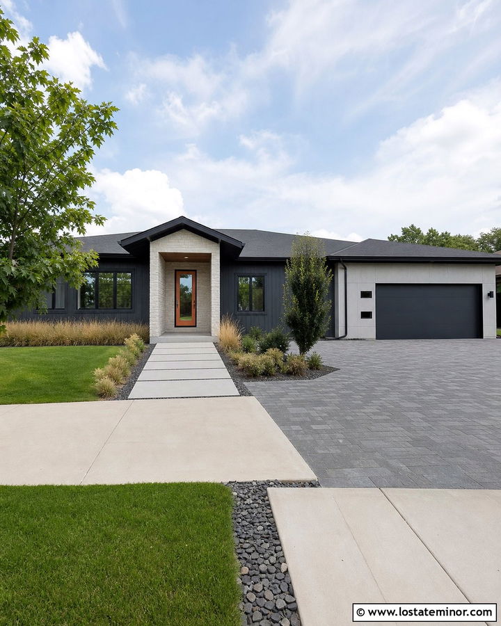 Charcoal Grey Modern Ranch With Orange Storm Door - 30 Charcoal Grey House Design With Storm Door Ideas