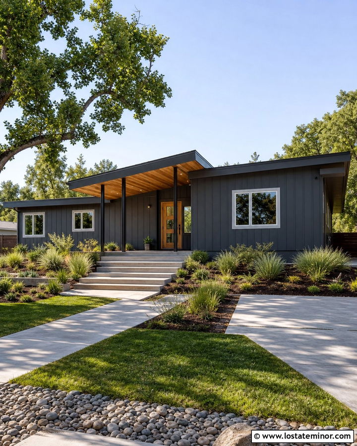 Charcoal Grey Modern Ranch With Shed Roof Porch - 30 Charcoal Grey House Design With Front Porch Ideas