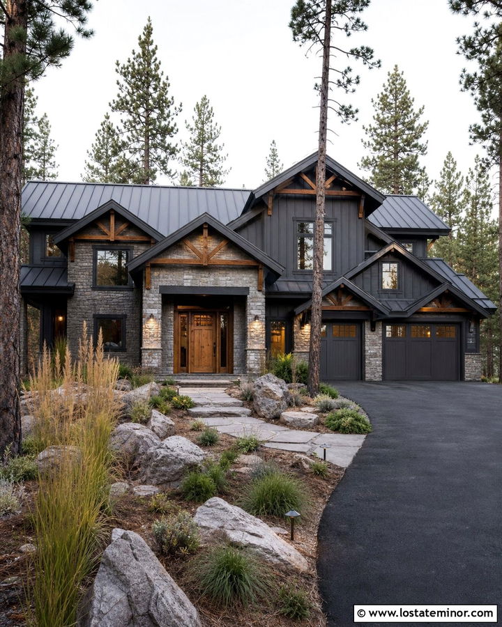 Charcoal Grey Mountain House With Bronze Downlights - 30 Charcoal Grey House Design With Light Fixtures Ideas