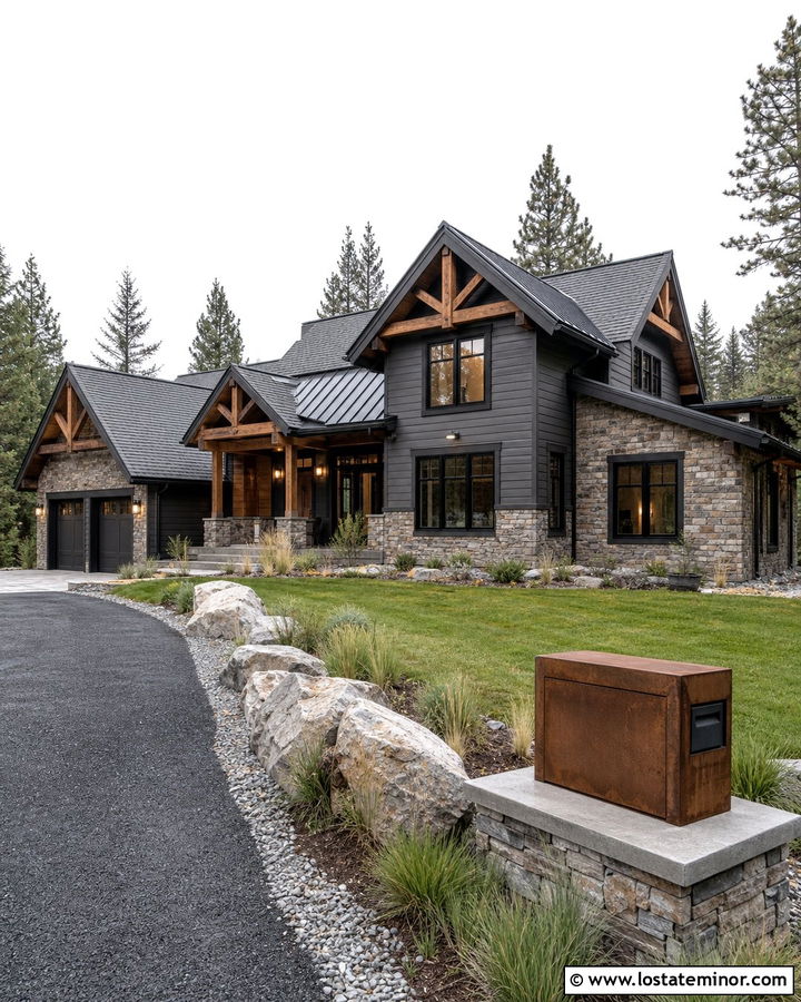 Charcoal Grey Mountain House With Corten Steel Mailbox - 30 Charcoal Grey House Design With Mailbox Ideas