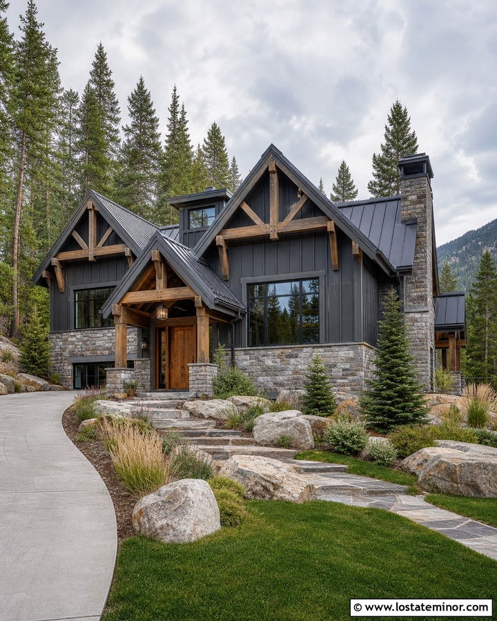 Charcoal Grey Mountain House With Large Gables - 30 Charcoal Grey House Design With Gables Ideas