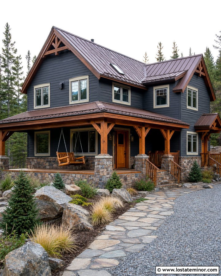 Charcoal Grey Mountain House With Log Swing - 30 Charcoal Grey House Design With Swing Ideas