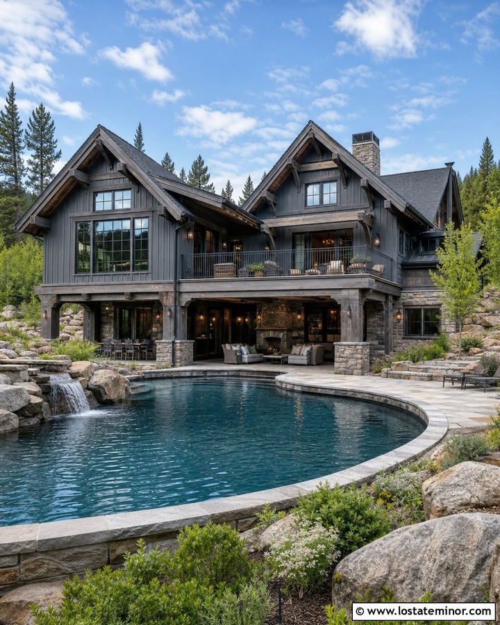 Charcoal Grey Mountain House With Natural Stone Pool - 30 Charcoal Grey House Design With Swimming Pool Ideas