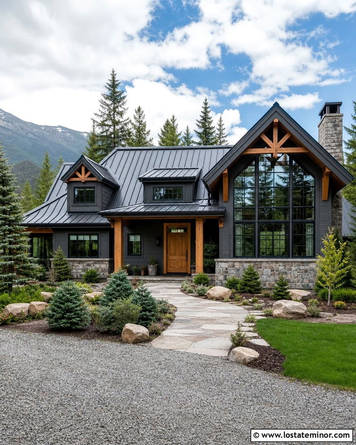 Charcoal Grey Mountain House With Stone Sunroom - 30 Charcoal Grey House Design With Sunroom Ideas
