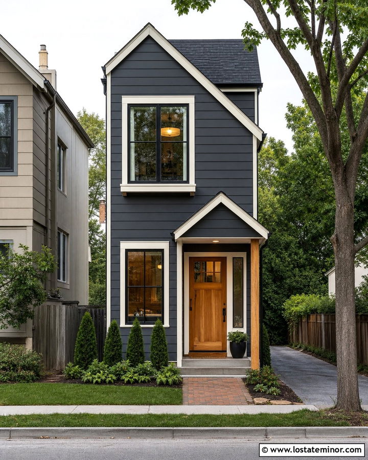 Charcoal Grey Narrow House With Small Portico - 30 Charcoal Grey House Design With Portico Ideas