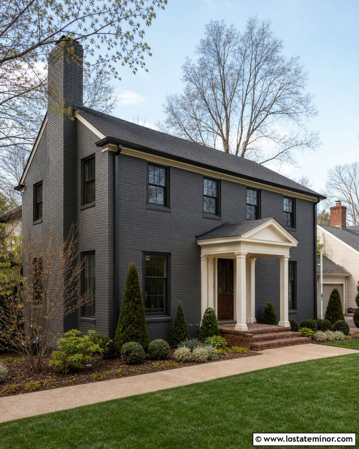 Charcoal Grey Painted Brick House With Portico - 30 Charcoal Grey House Design With Portico Ideas