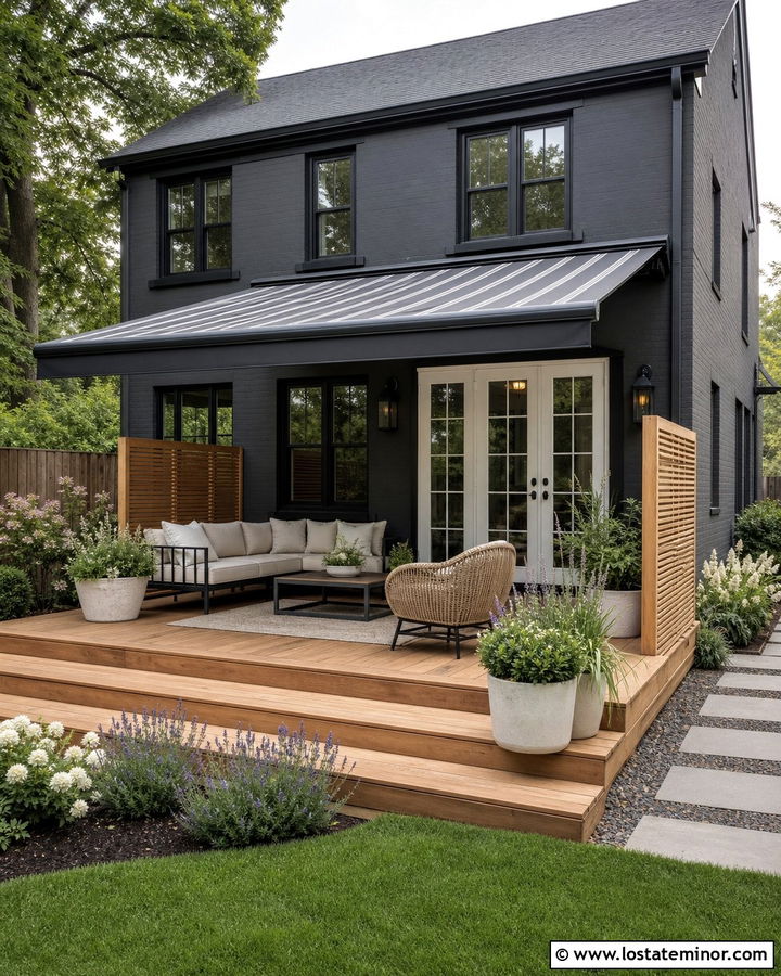 Charcoal Grey Patio House With Retractable Awning - 30 Charcoal Grey House Design With Awning Ideas