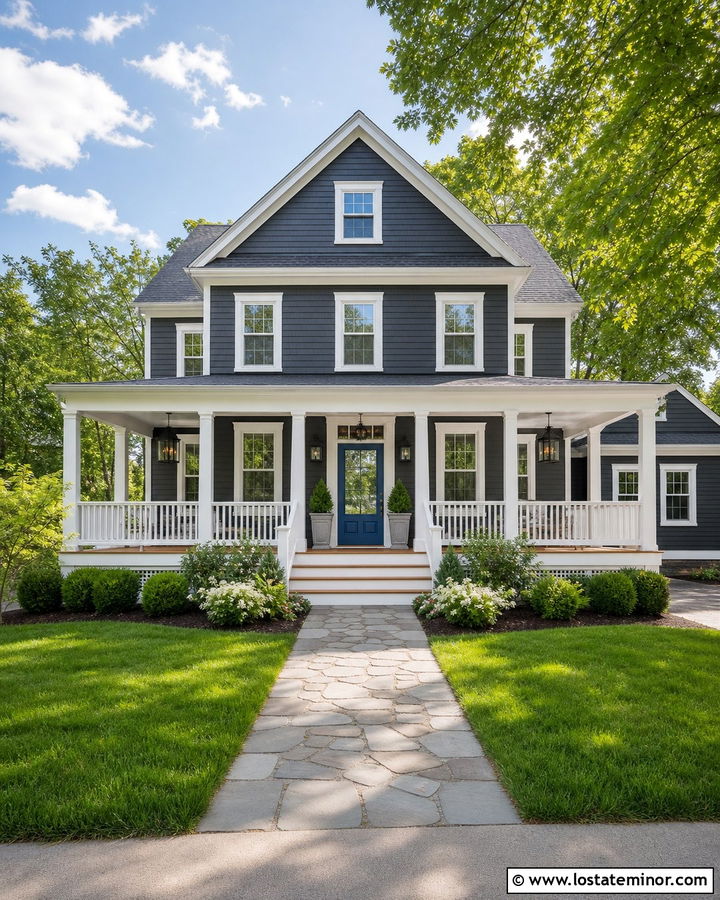 Charcoal Grey Porch With Blue Storm Door - 30 Charcoal Grey House Design With Storm Door Ideas