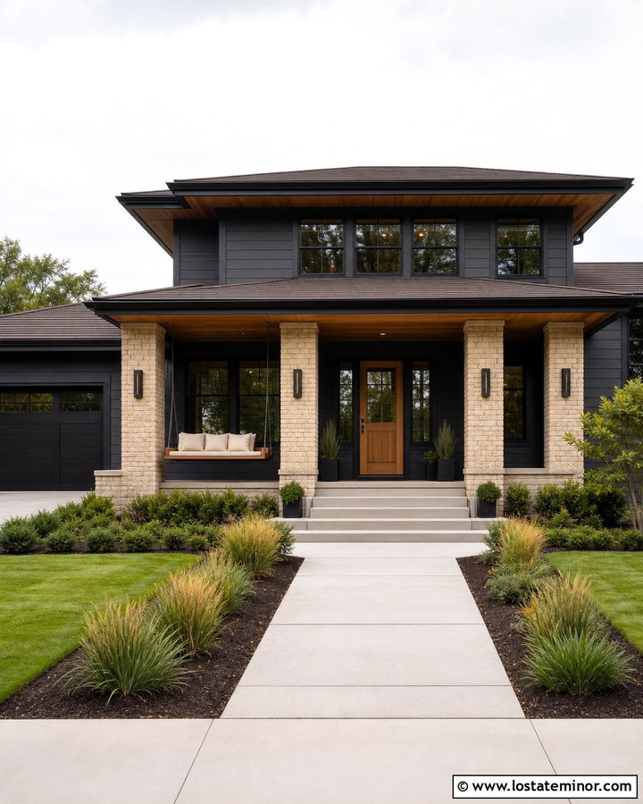 Charcoal Grey Prairie House With Bench Swing - 30 Charcoal Grey House Design With Swing Ideas