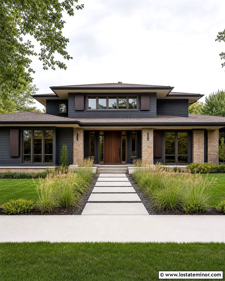 Charcoal Grey Prairie House With Brown Shutters - 30 Charcoal Grey House Design With Shutters Ideas