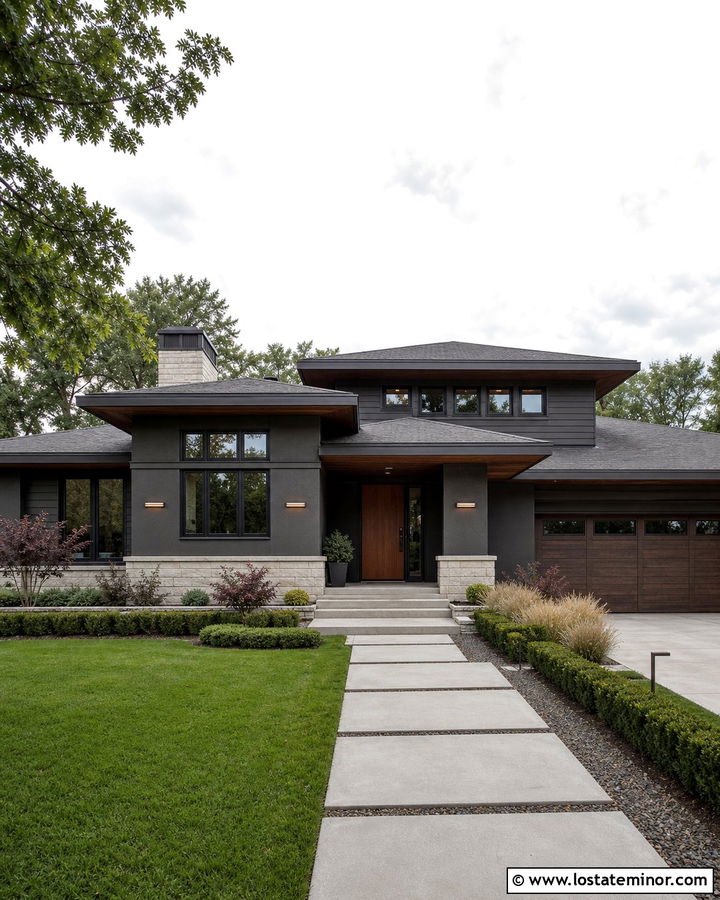 Charcoal Grey Prairie House With Horizontal Wall Lights - 30 Charcoal Grey House Design With Light Fixtures Ideas