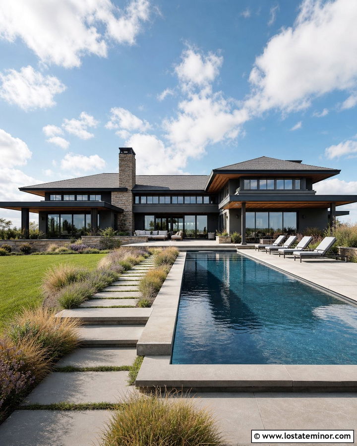 Charcoal Grey Prairie House With Long Pool - 30 Charcoal Grey House Design With Swimming Pool Ideas