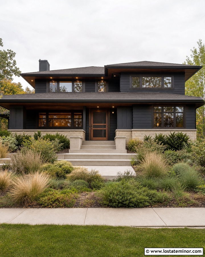 Charcoal Grey Prairie House With Walnut Screen Door - 30 Charcoal Grey House Design With Screen Door Ideas