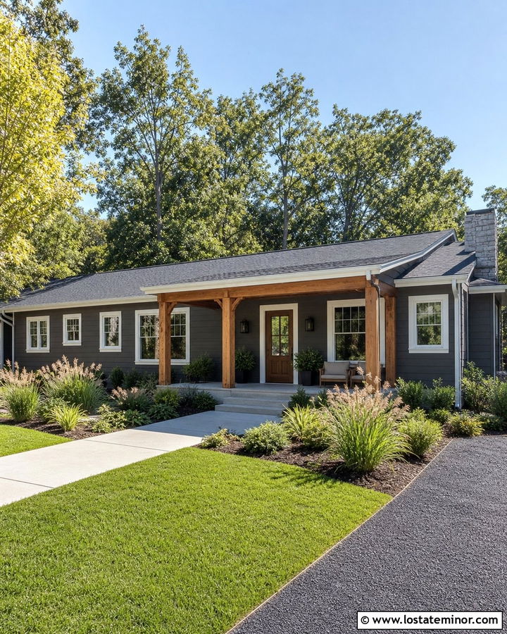 Charcoal Grey Ranch House With Cedar Porch Posts - 30 Charcoal Grey House Design With Front Porch Ideas