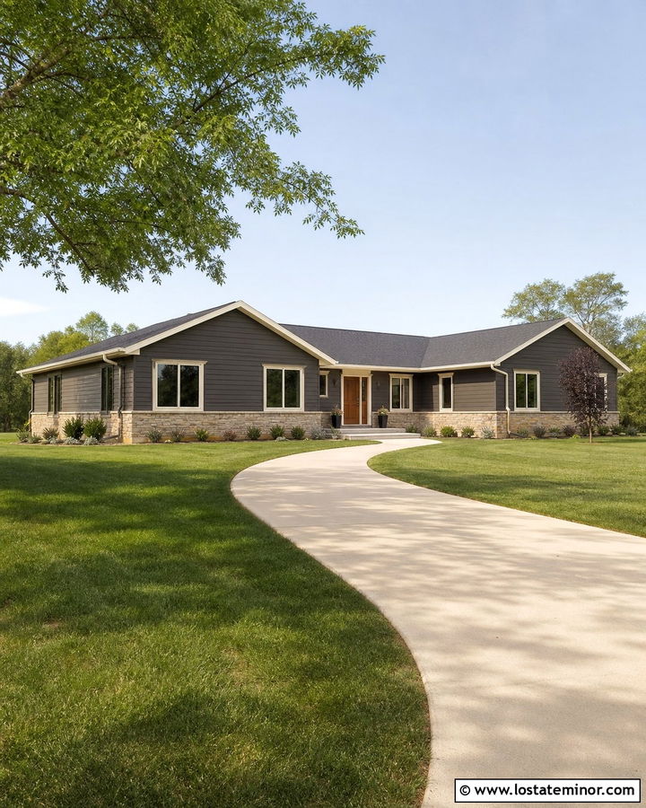 Charcoal Grey Ranch House With Curved Driveway - 30 Charcoal Grey House Design With Driveway Ideas