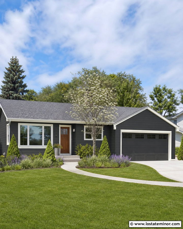 Charcoal Grey Ranch House With Curved Walkway - 30 Charcoal Grey House Design With Front Yard Ideas