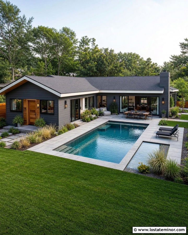 Charcoal Grey Ranch House With L Shaped Pool - 30 Charcoal Grey House Design With Swimming Pool Ideas