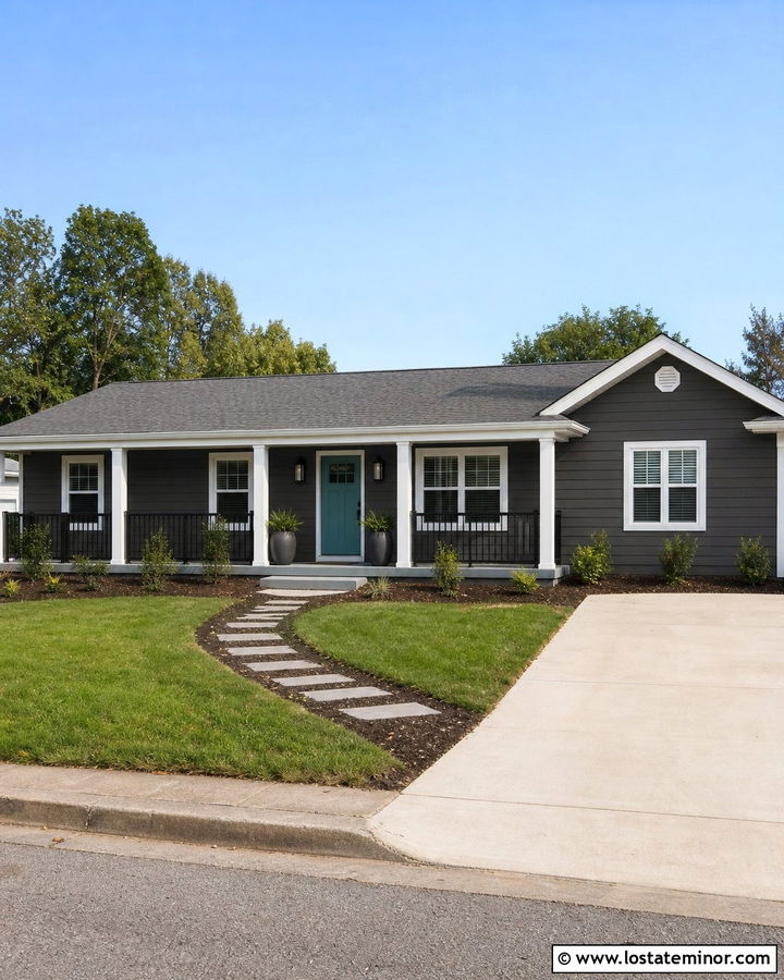 Charcoal Grey Ranch House With Simple Front Porch - 30 Charcoal Grey House Design With Front Porch Ideas