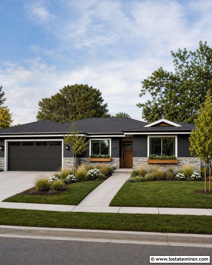 Charcoal Grey Ranch House With Stone And Cedar Window Boxes - 30 Charcoal Grey House Design With Window Boxes Ideas