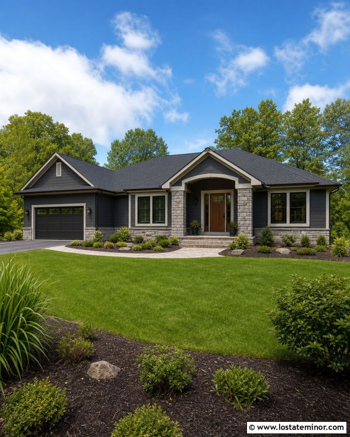 Charcoal Grey Ranch House With Stone Portico - 30 Charcoal Grey House Design With Portico Ideas