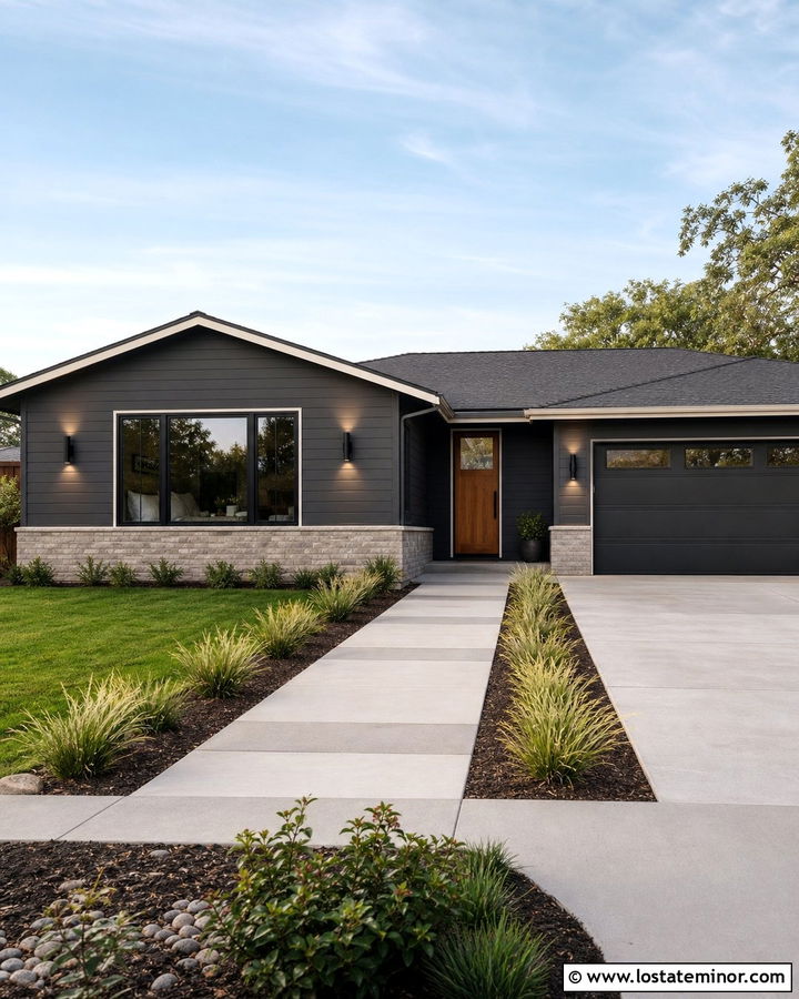 Charcoal Grey Ranch House With Up And Down Lights - 30 Charcoal Grey House Design With Light Fixtures Ideas