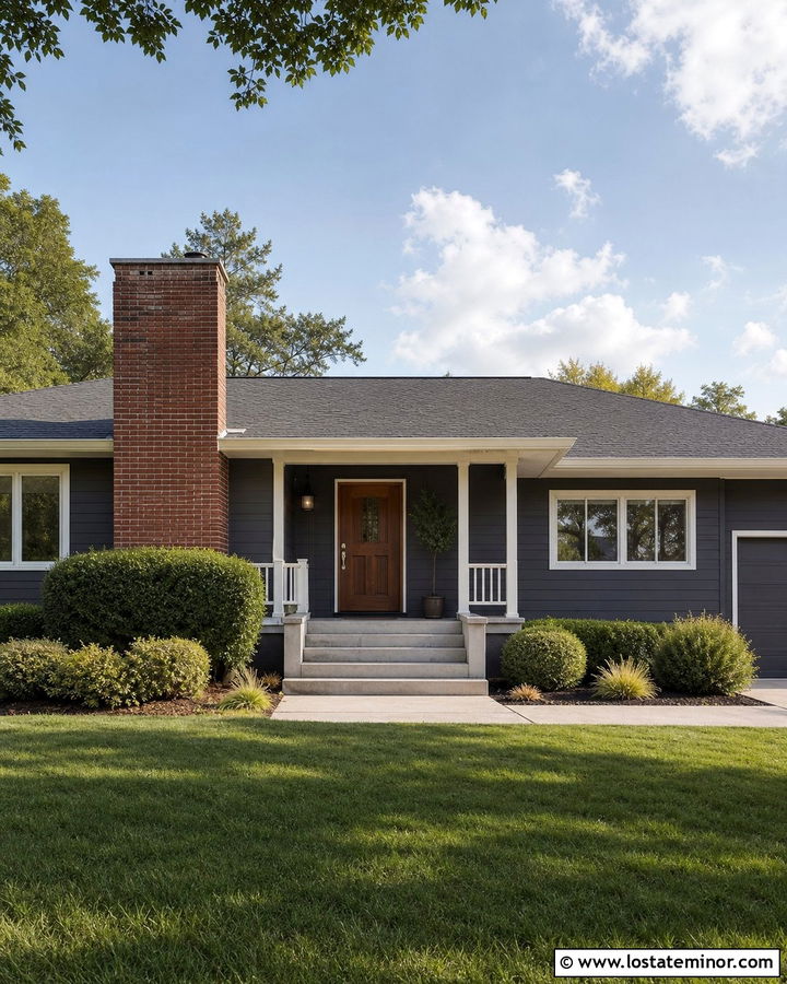 Charcoal Grey Ranch House With Wide Brick Chimney - 30 Charcoal Grey House Design With Chimney Ideas