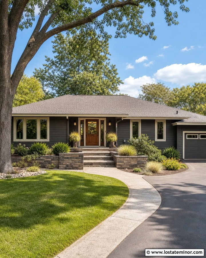 Charcoal Grey Ranch House With Wide Stone Steps - 30 Charcoal Grey House Design With Steps Ideas