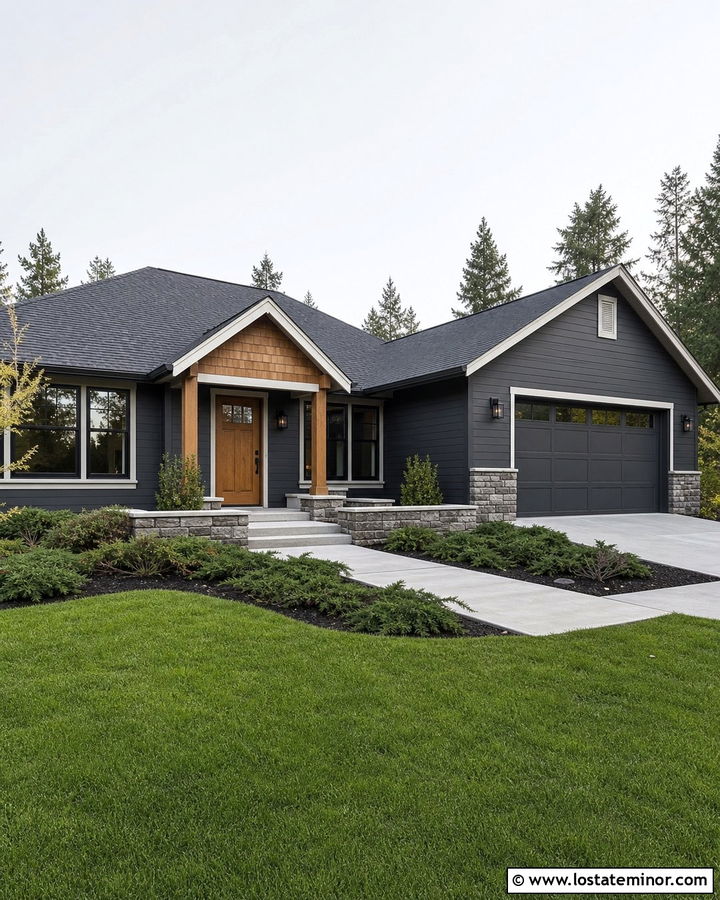 Charcoal Grey Ranch With Cedar Shake Entry - 30 Charcoal Grey House Design With Cedar Shake Ideas