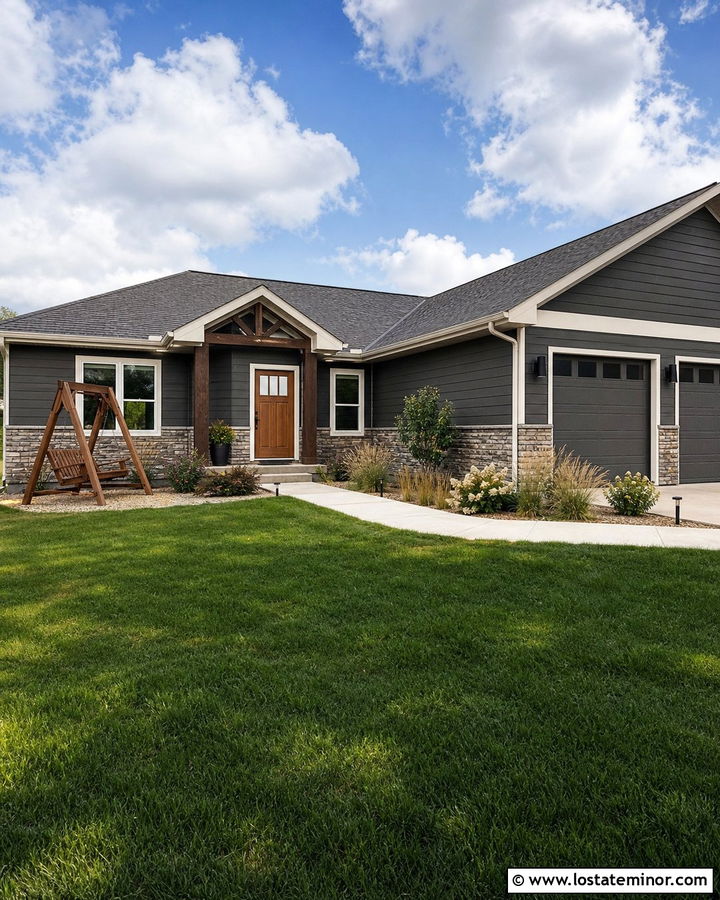 Charcoal Grey Ranch With Freestanding Swing - 30 Charcoal Grey House Design With Swing Ideas