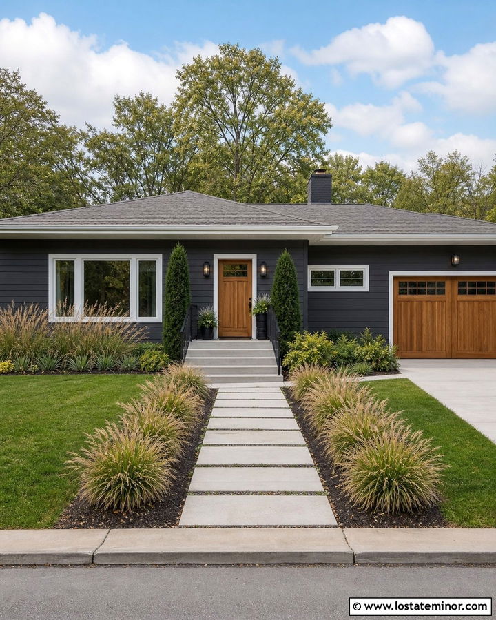 Charcoal Grey Ranch With Simple Entry Railings - 30 Charcoal Grey House Design With Railings Ideas