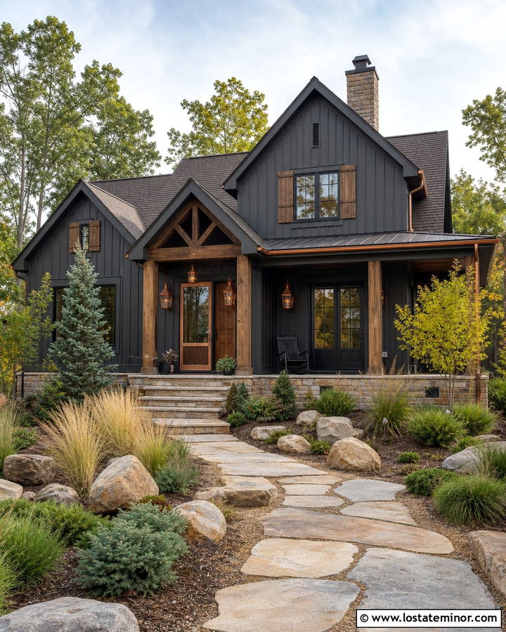 Charcoal Grey Rustic House With Copper Storm Door - 30 Charcoal Grey House Design With Storm Door Ideas