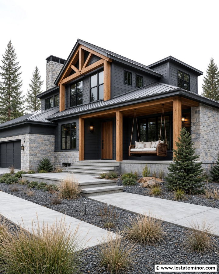 Charcoal Grey Rustic Modern House With Leather Swing - 30 Charcoal Grey House Design With Swing Ideas