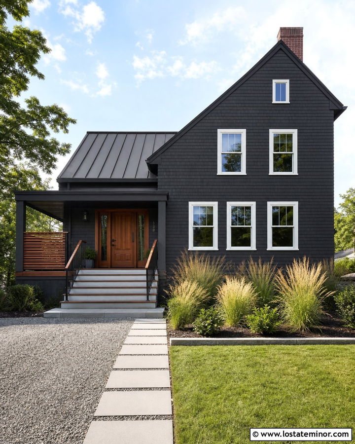 Charcoal Grey Saltbox House With Wood And Concrete Steps - 30 Charcoal Grey House Design With Steps Ideas