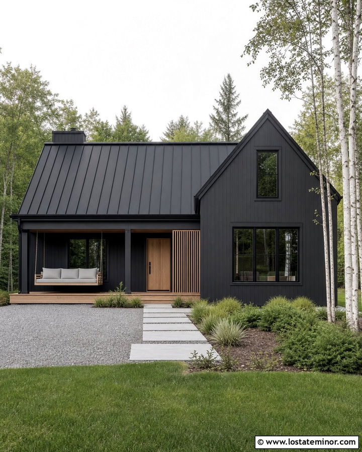 Charcoal Grey Scandinavian House With Light Wood Swing - 30 Charcoal Grey House Design With Swing Ideas