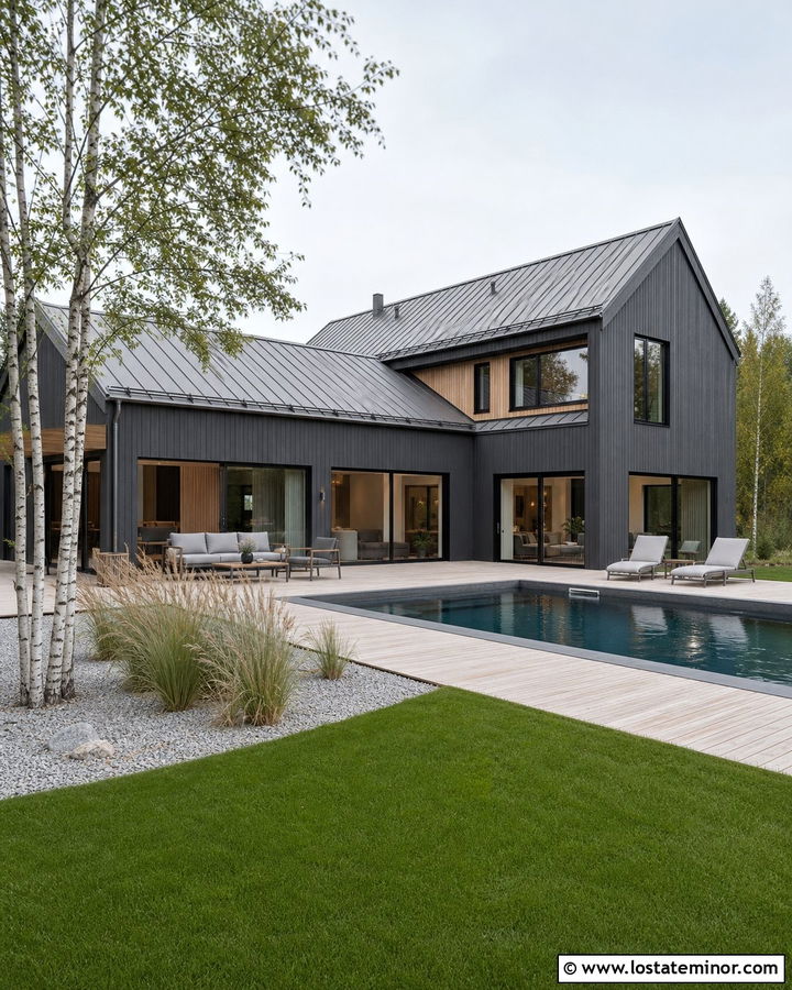 Charcoal Grey Scandinavian House With Minimalist Pool - 30 Charcoal Grey House Design With Swimming Pool Ideas