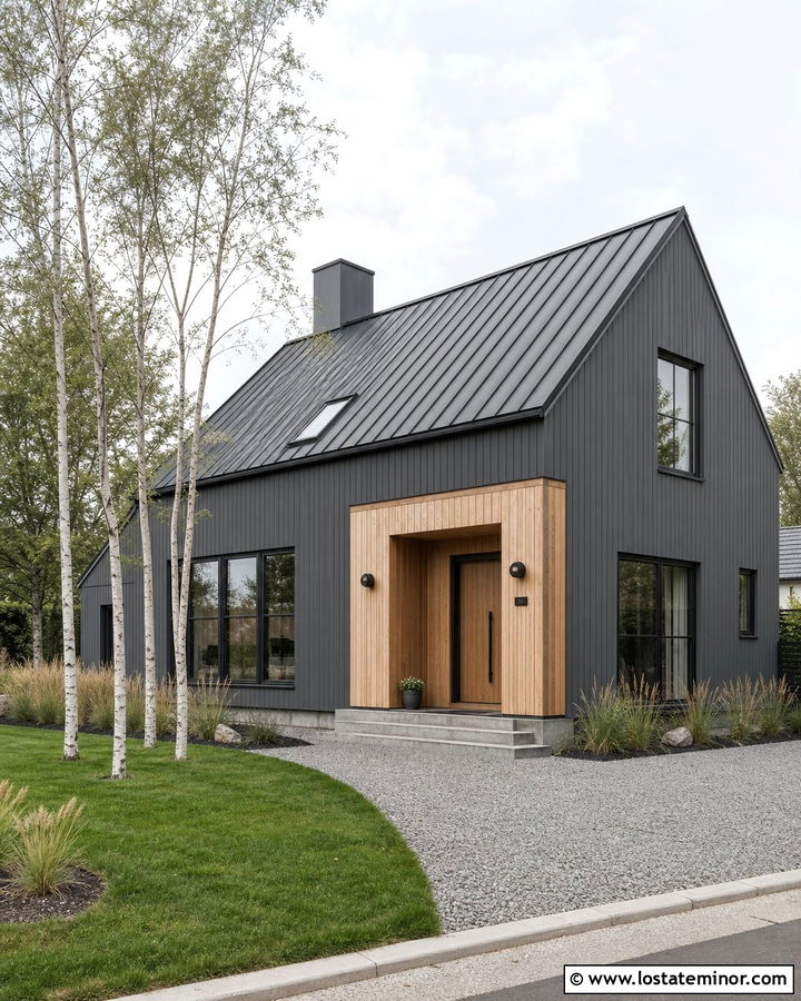 Charcoal Grey Scandinavian House With Wood And Globe Sconces - 30 Charcoal Grey House Design With Light Fixtures Ideas