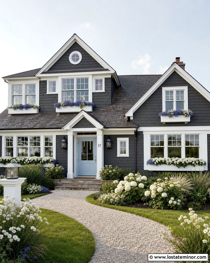 Charcoal Grey Shake Siding House With White Window Boxes - 30 Charcoal Grey House Design With Window Boxes Ideas