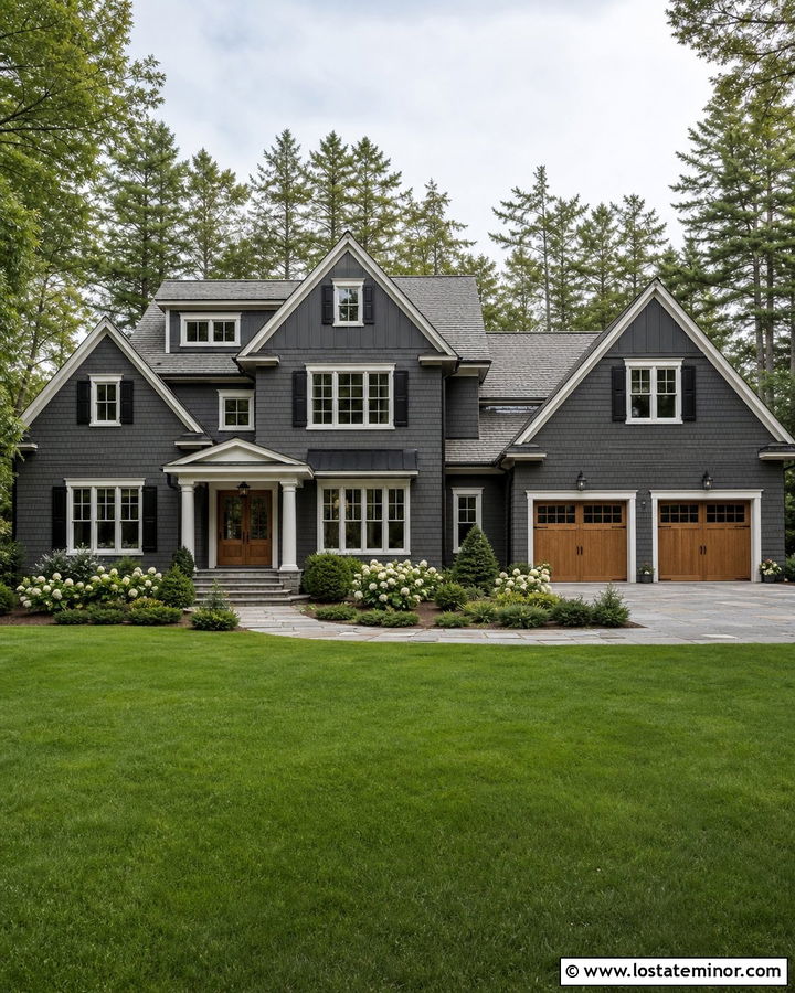 Charcoal Grey Shingle House With Black Shutters - 30 Charcoal Grey House Design With Shutters Ideas