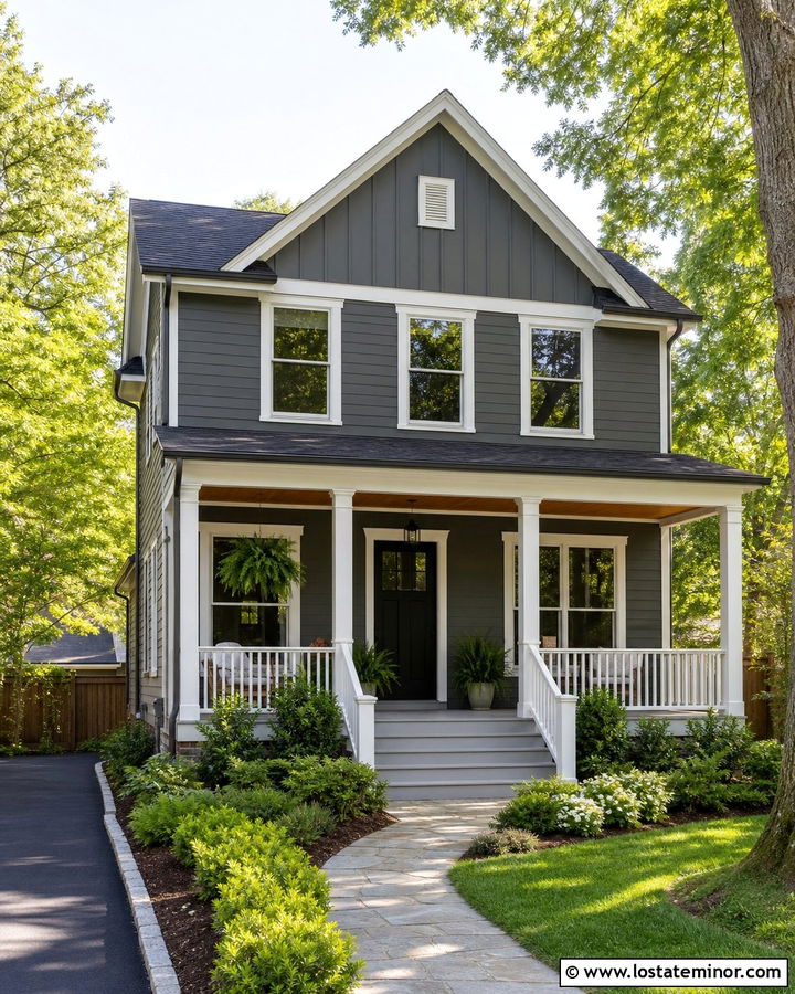 Charcoal Grey Siding With A Front Porch - 30 Charcoal Grey House Design With Siding Ideas