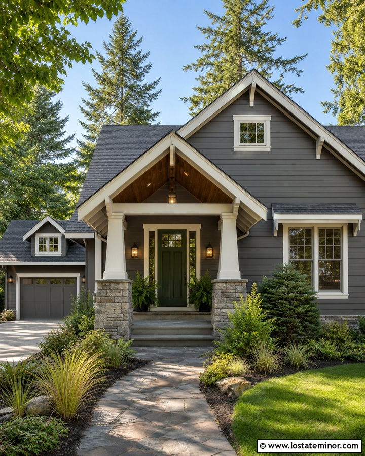 Charcoal Grey Siding With A Green Front Door - 30 Charcoal Grey House Design With Siding Ideas