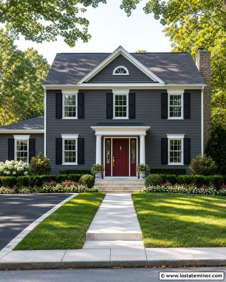 Charcoal Grey Siding With A Red Front Door - 30 Charcoal Grey House Design With Siding Ideas