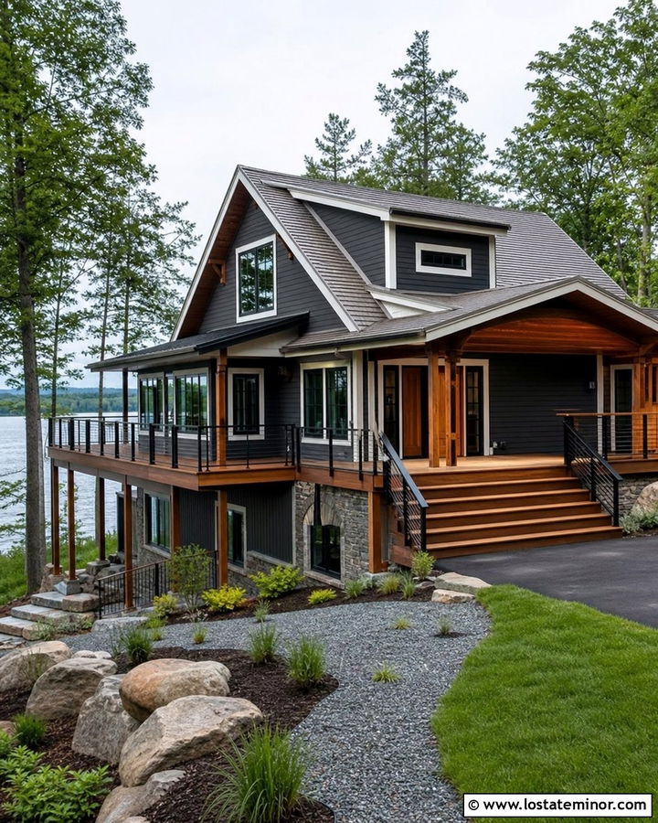 Charcoal Grey Siding With A Wood Deck - 30 Charcoal Grey House Design With Siding Ideas