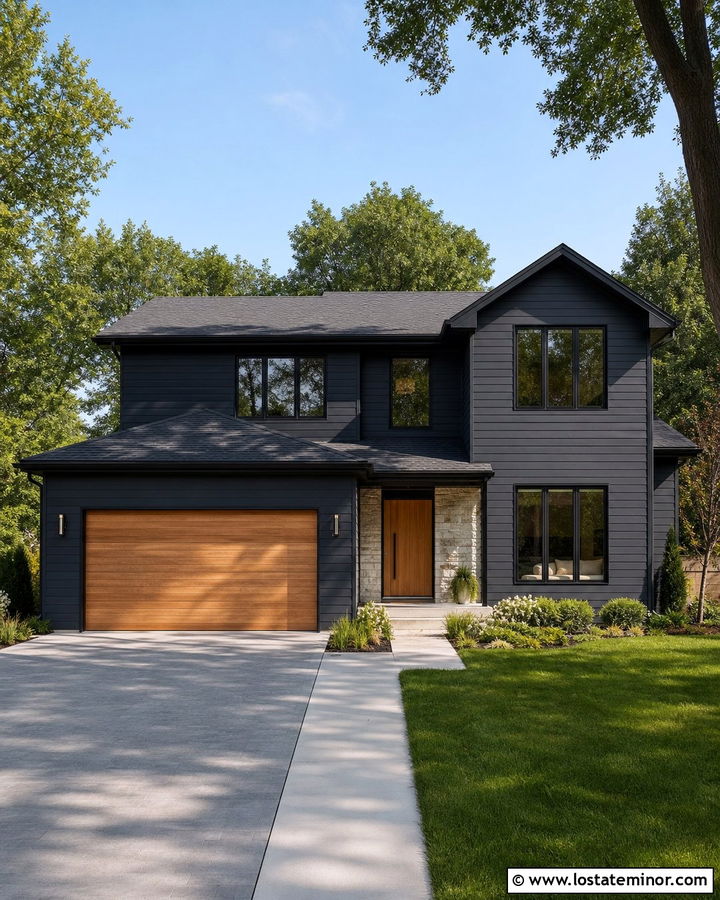 Charcoal Grey Siding With A Wood Garage Door - 30 Charcoal Grey House Design With Siding Ideas