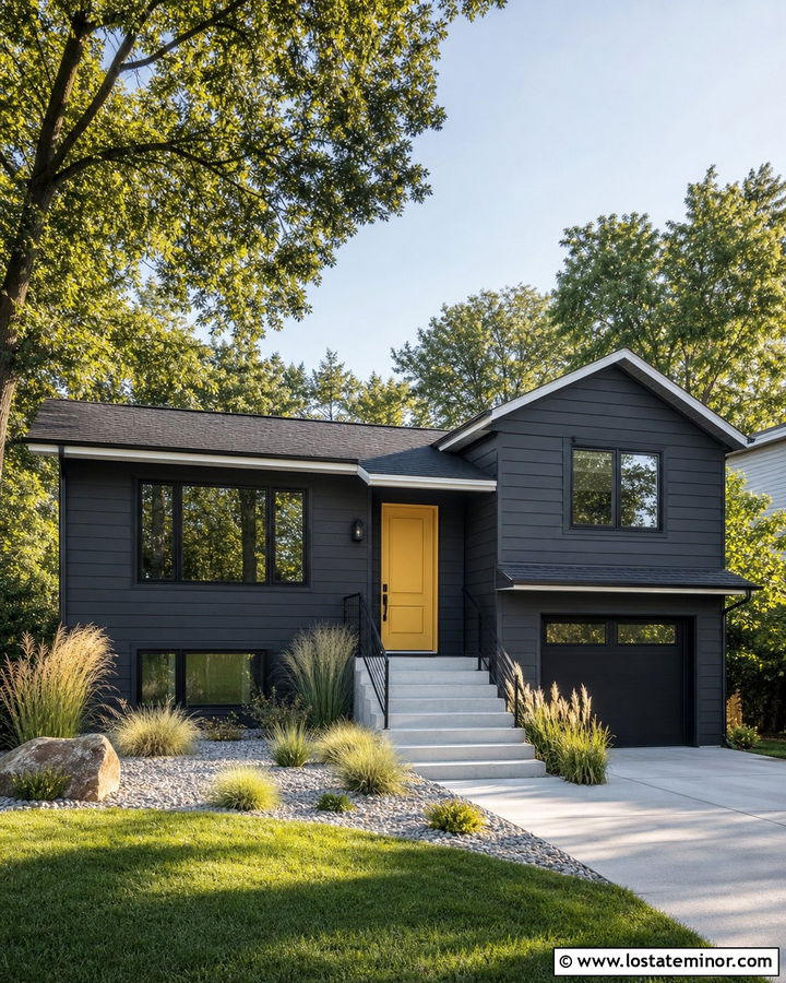 Charcoal Grey Siding With A Yellow Front Door - 30 Charcoal Grey House Design With Siding Ideas